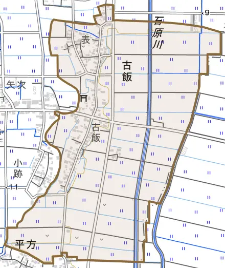 古飯とその周辺の地図。町の範囲を重ねている