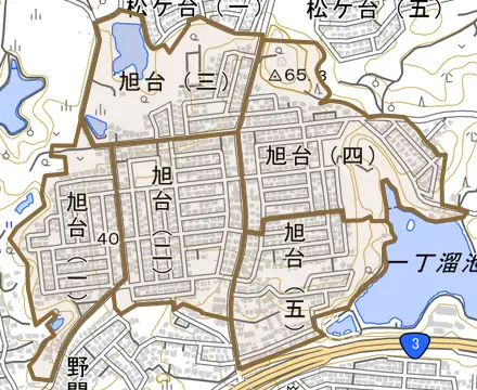 旭台とその周辺の地図。町の範囲を重ねている