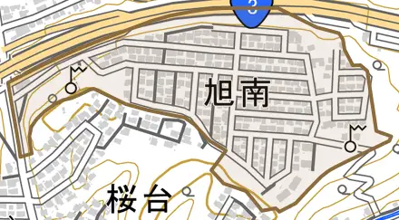 旭南とその周辺の地図。町の範囲を重ねている