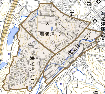 海老津とその周辺の地図。町の範囲を重ねている