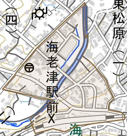 海老津駅前とその周辺の地図。町の範囲を重ねている