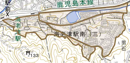 海老津駅南とその周辺の地図。町の範囲を重ねている