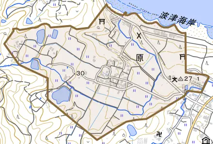 大字原とその周辺の地図。町の範囲を重ねている
