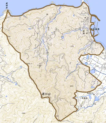 大字波津とその周辺の地図。町の範囲を重ねている