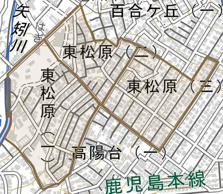 東松原とその周辺の地図。町の範囲を重ねている