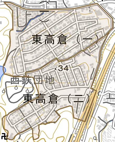 東高倉とその周辺の地図。町の範囲を重ねている
