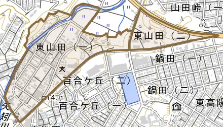 東山田とその周辺の地図。町の範囲を重ねている