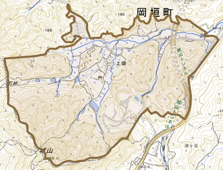 大字上畑とその周辺の地図。町の範囲を重ねている