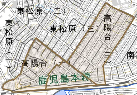 高陽台とその周辺の地図。町の範囲を重ねている