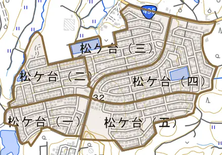 松ケ台とその周辺の地図。町の範囲を重ねている