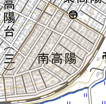 南高陽とその周辺の地図。町の範囲を重ねている