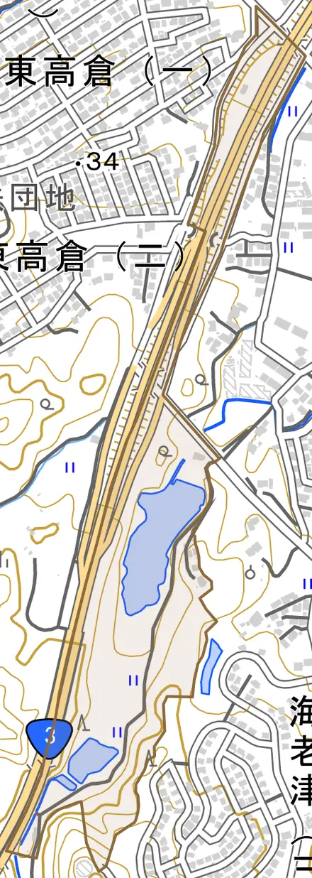 大字野間とその周辺の地図。町の範囲を重ねている