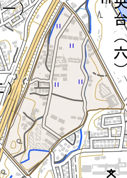 野間南とその周辺の地図。町の範囲を重ねている