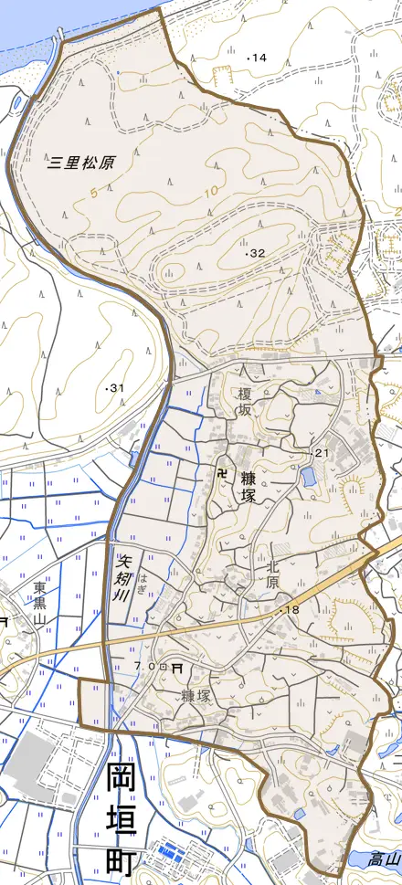 大字糠塚とその周辺の地図。町の範囲を重ねている