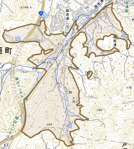 大字海老津とその周辺の地図。町の範囲を重ねている