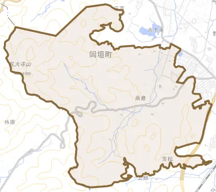 大字高倉とその周辺の地図。町の範囲を重ねている