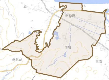 大字手野とその周辺の地図。町の範囲を重ねている