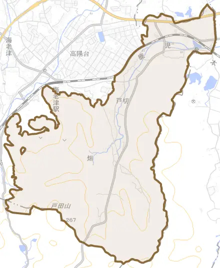 大字戸切とその周辺の地図。町の範囲を重ねている