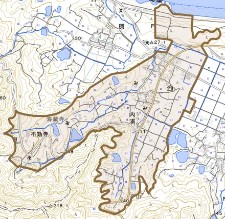 大字内浦とその周辺の地図。町の範囲を重ねている