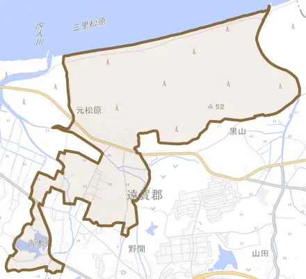 大字吉木とその周辺の地図。町の範囲を重ねている