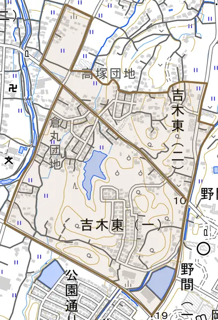 吉木東とその周辺の地図。町の範囲を重ねている