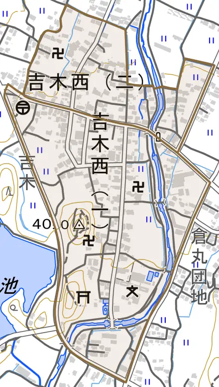吉木西とその周辺の地図。町の範囲を重ねている