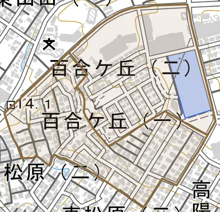 百合ケ丘とその周辺の地図。町の範囲を重ねている