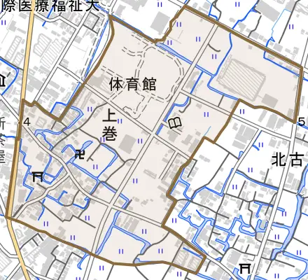 大字上巻とその周辺の地図。町の範囲を重ねている