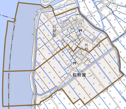 大字紅粉屋とその周辺の地図。町の範囲を重ねている