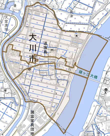 大字道海島とその周辺の地図。町の範囲を重ねている
