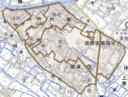 大字榎津とその周辺の地図。町の範囲を重ねている