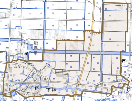 大字下林とその周辺の地図。町の範囲を重ねている
