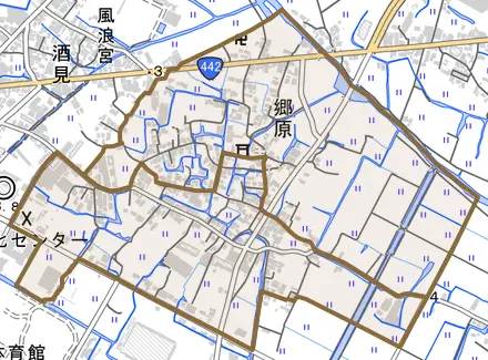 大字郷原とその周辺の地図。町の範囲を重ねている