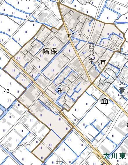 大字幡保とその周辺の地図。町の範囲を重ねている