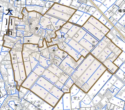 大字一木とその周辺の地図。町の範囲を重ねている