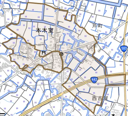 大字本木室とその周辺の地図。町の範囲を重ねている