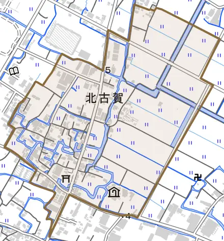 大字北古賀とその周辺の地図。町の範囲を重ねている
