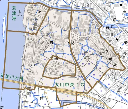 大字小保とその周辺の地図。町の範囲を重ねている