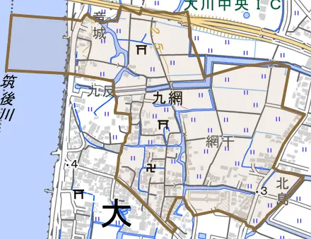大字九網とその周辺の地図。町の範囲を重ねている