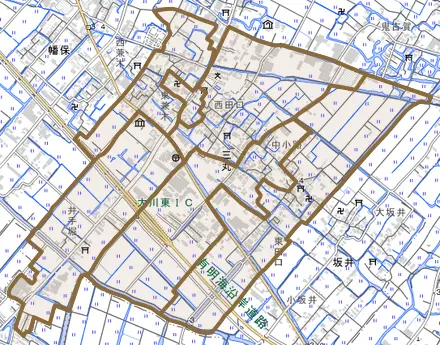 大字三丸とその周辺の地図。町の範囲を重ねている