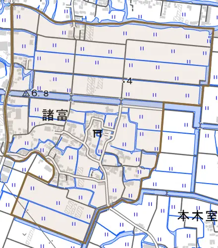 大字諸富とその周辺の地図。町の範囲を重ねている
