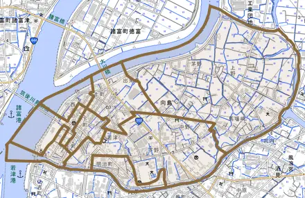 大字向島とその周辺の地図。町の範囲を重ねている