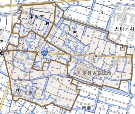 大字中木室とその周辺の地図。町の範囲を重ねている