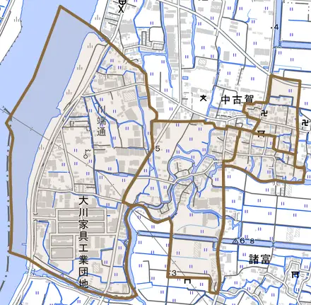 大字中古賀とその周辺の地図。町の範囲を重ねている