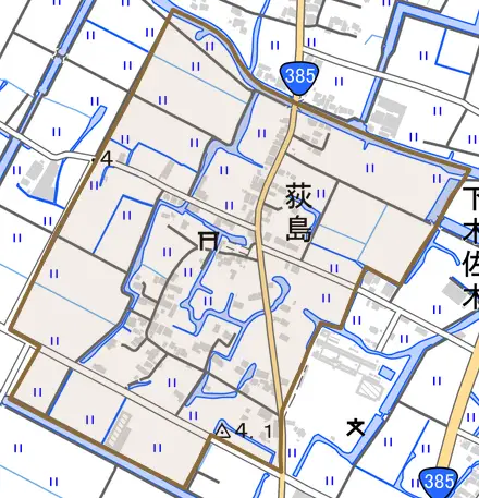 大字荻島とその周辺の地図。町の範囲を重ねている