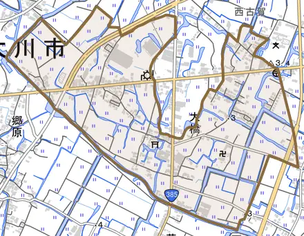 大字大橋とその周辺の地図。町の範囲を重ねている