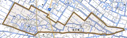 大字鬼古賀とその周辺の地図。町の範囲を重ねている