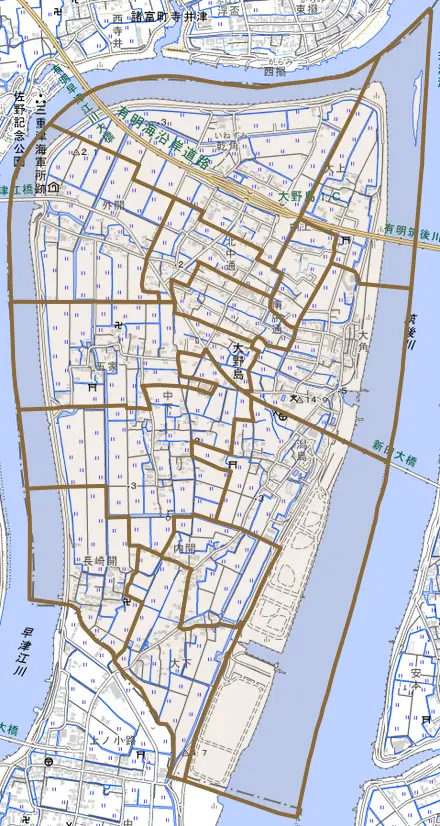 大字大野島とその周辺の地図。町の範囲を重ねている