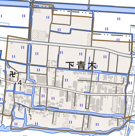 大字下青木とその周辺の地図。町の範囲を重ねている