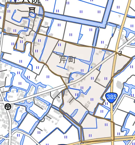 大字下八院とその周辺の地図。町の範囲を重ねている